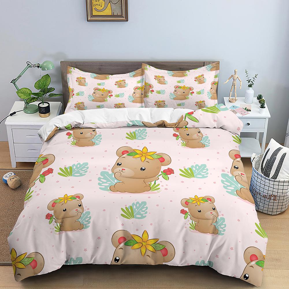 3D Romantiskt Alla hjärtans dag Påslakan Röd Ros Björn Tryckt Påslakan för Flicka Queen Quiltöverdrag Kuddfodral Lyxigt Överdragset