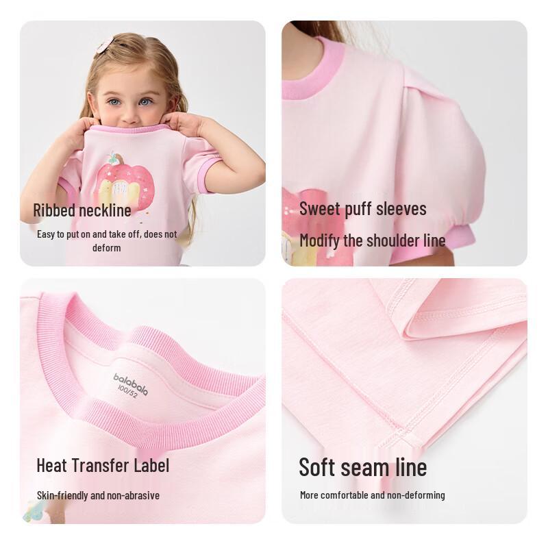 Balabala Girls  Cartoon Puff Sleeve Short Sleeve T-Shirt 120