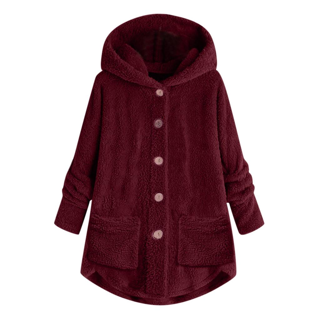 Women Plus Size Button Plush Tops Hooded Loose Cardigan Wool Coat Winter Jacket
