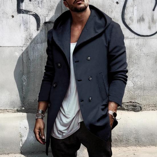 Men Windbreaker Coat Hooded Long Sleeve Solid Color Double-Breasted Jacket with Pockets Autumn Winter Outerwear