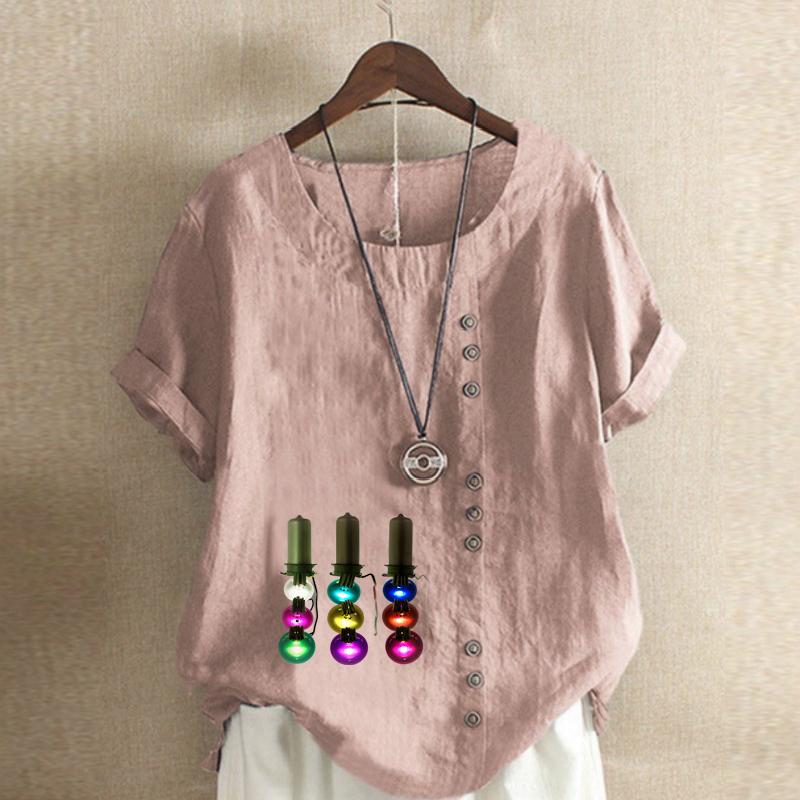 Women's Fashion Round Neck Short Sleeve T-shirt Casual Cotton Linen Graphic Shirt Leisure Loose Electric Light String Prined Summer Blouse Tops