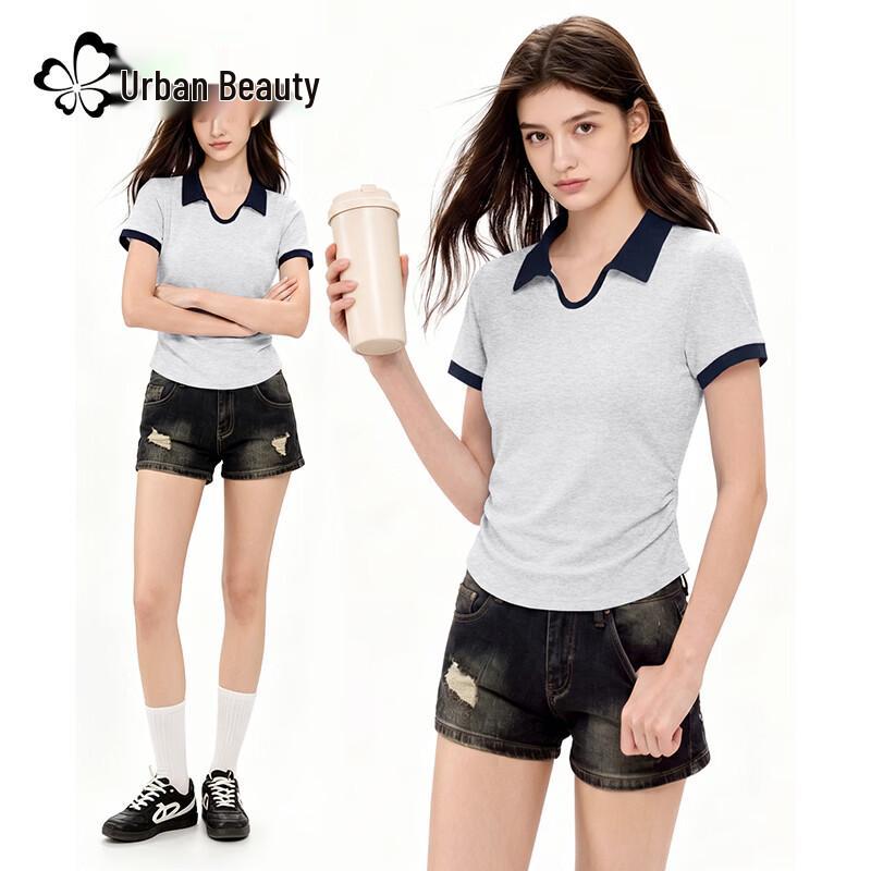 Women s Color-Block Polo Neck Short Sleeve T-Shirt S