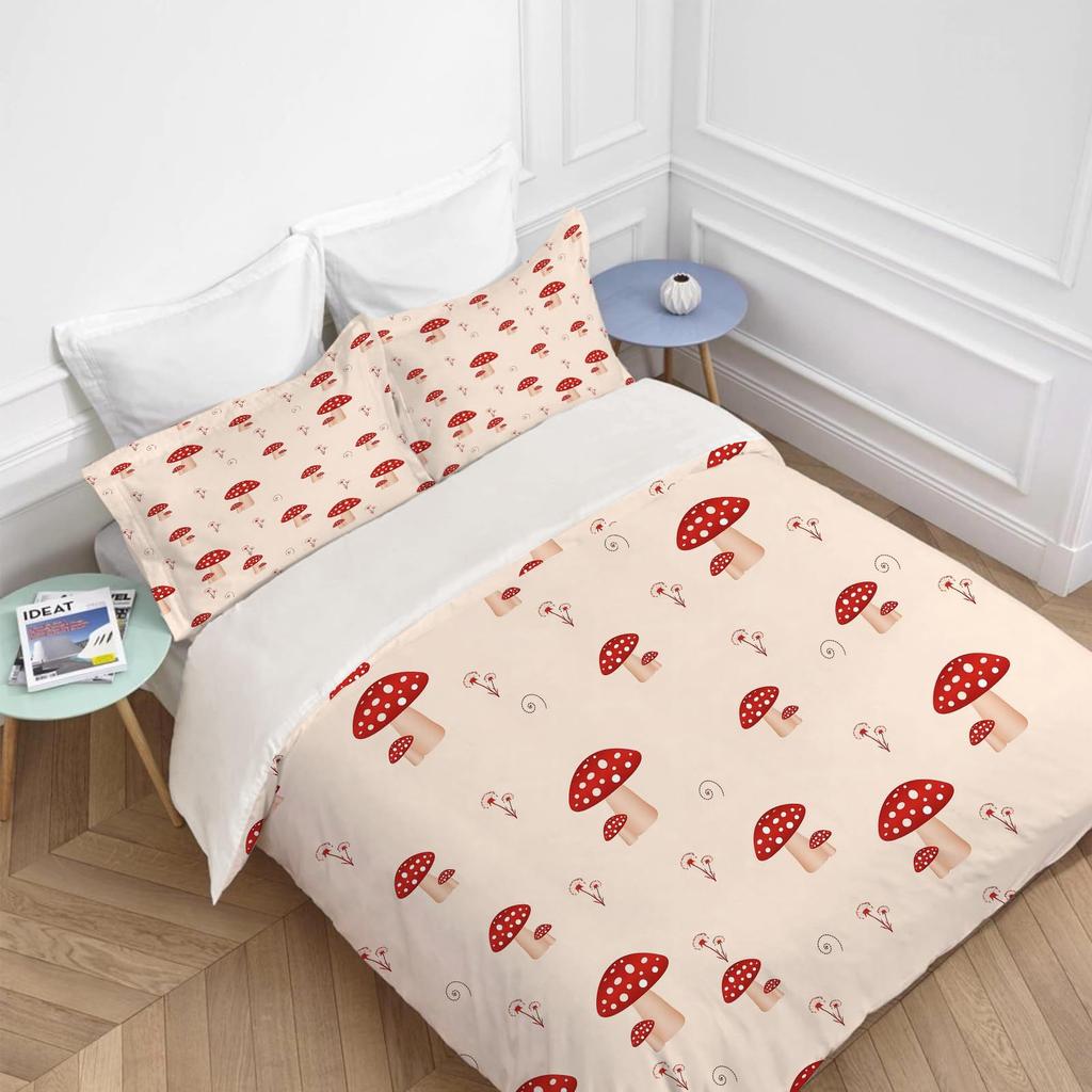 Red Cartoon Mushroom Three-Piece Quilt Cover Digital Printing Bedding Set Bed Cover