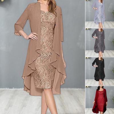 2 Pcs/Set Women Cardigan Dress Set Lace Floral Embroidery O Neck Slim Fit Midi Dress Irregular Three Quarter Sleeve Mid