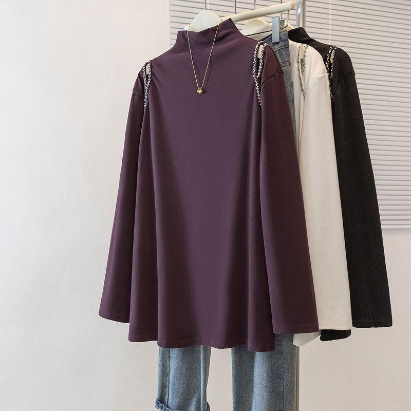 

Plus Size Double-Sided Velvet Rhinestone High Neck Top for Women - Slimming, Warm Base Layer for Autumn/Winter. 4XL сливовий/фіолетовий