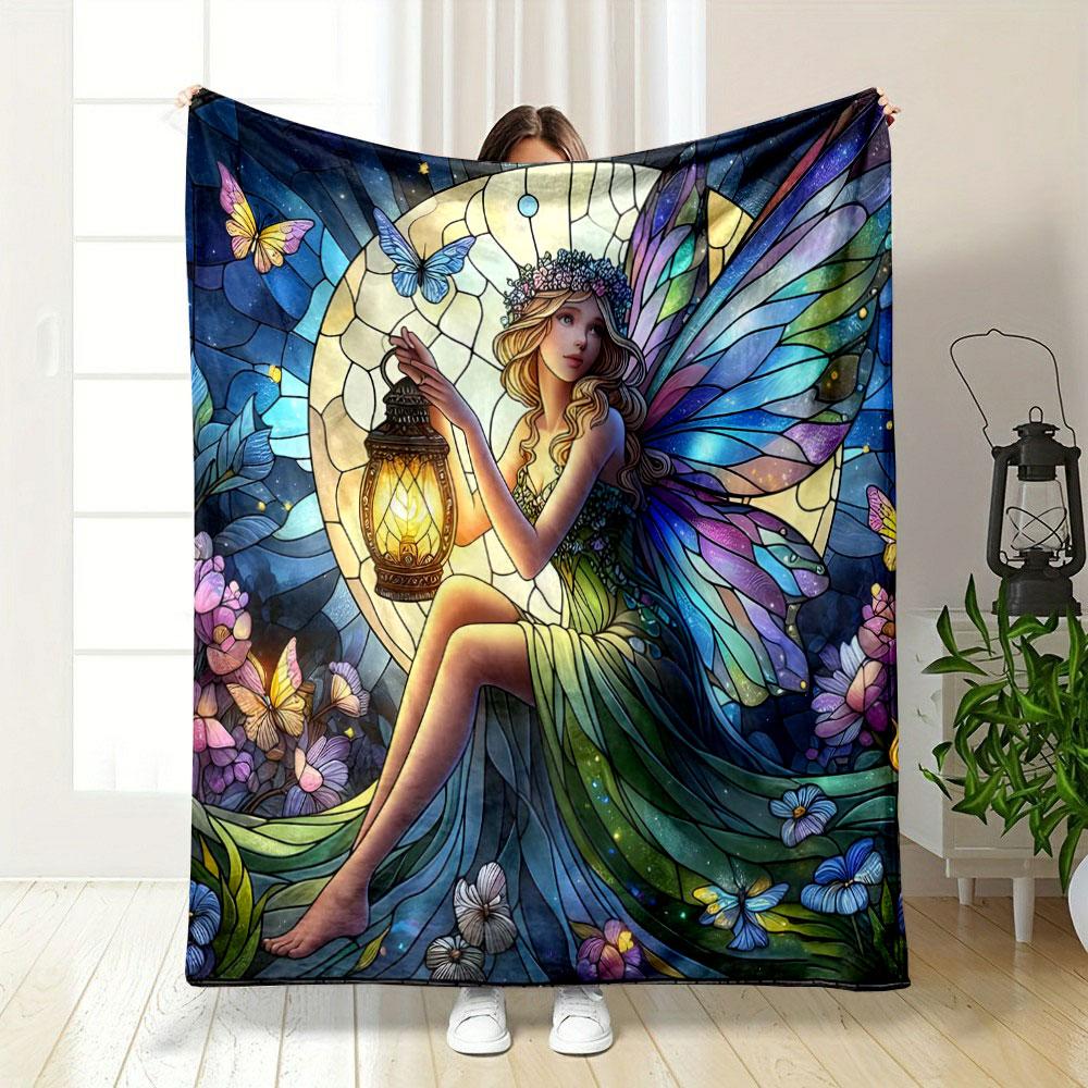 1PC Stained Glass Fairy Print Blanket Flannel Soft Comfort Home Travel Blanket Kids Warm Blanket Picnic RV Luxury Gifts
