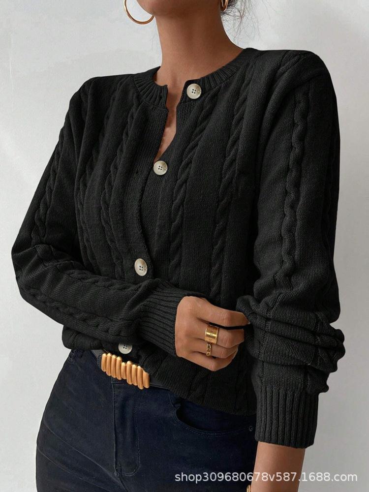 European & American 2025 Fall/Winter Versatile Cable Knit Casual Round Neck Women's Cardigan Sweater.