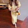 Slit Long Cardigan Knit Dress Women Fashion Short Sleeve Patchwork High Waist Maxi Dress Street Casual Y2K Dress 2025 summer autumn