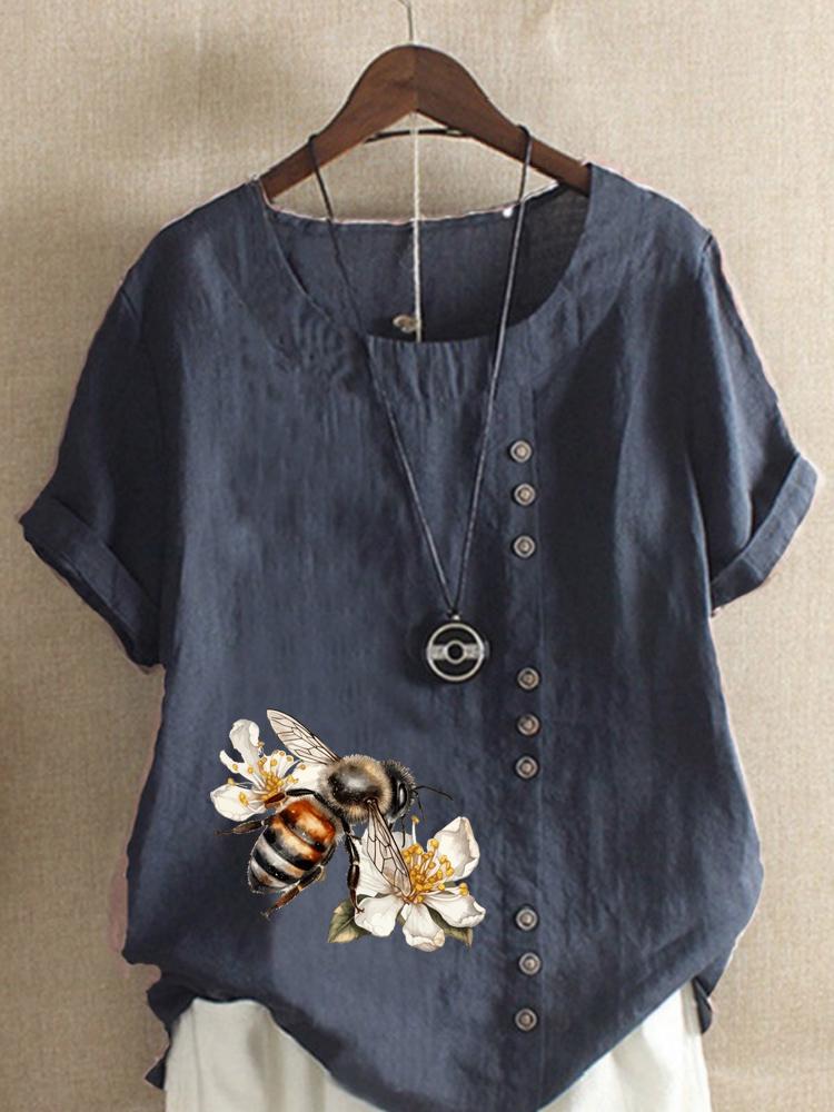 Women's Fashion Bee Flower Print Shot Sleeve T-shirt Loose Cotton Shirt Casual Loose Summer Blouse Tops Plus Size