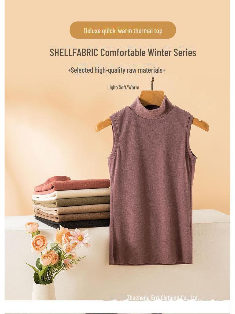 Women's Thermal Velvet Cationic Vest - Slimming Sleeveless, Half-High Collar for Autumn/Winter