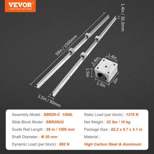 VEVOR Linear Guide Rail Set, SBR20 1500mm, 2 PCS 59 In/1500 Mm SBR20 Guide Rails and 4 PCS SBR20UU Slide Blocks