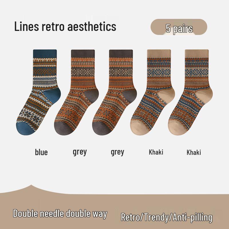 Herrensocken im Ethno-Stil, mittelhoch, doppelt gestrickt - Antibakteriell, Retro für Herbst/Winter