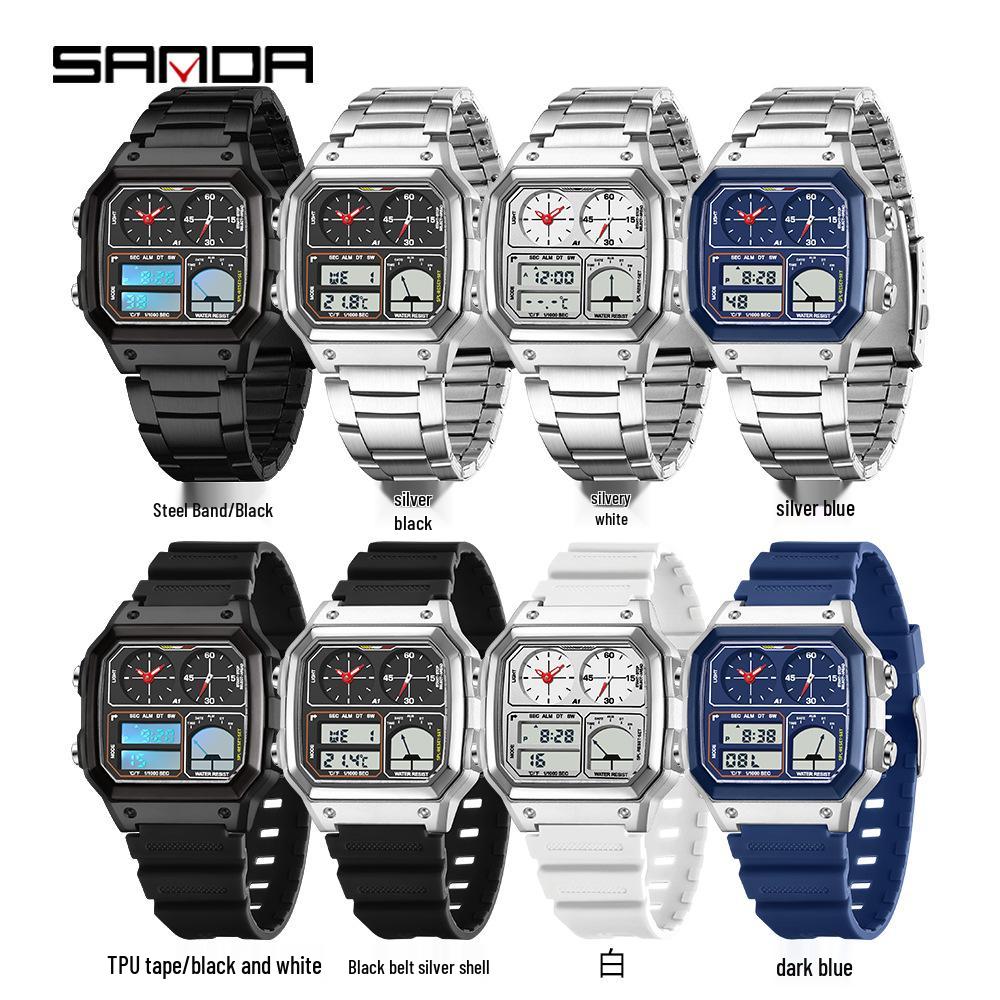 Sanda Temu Temperaturmessung Studenten Sportuhr, Wasserdicht Dual-Display, Multifunktionales Quadratisches Design