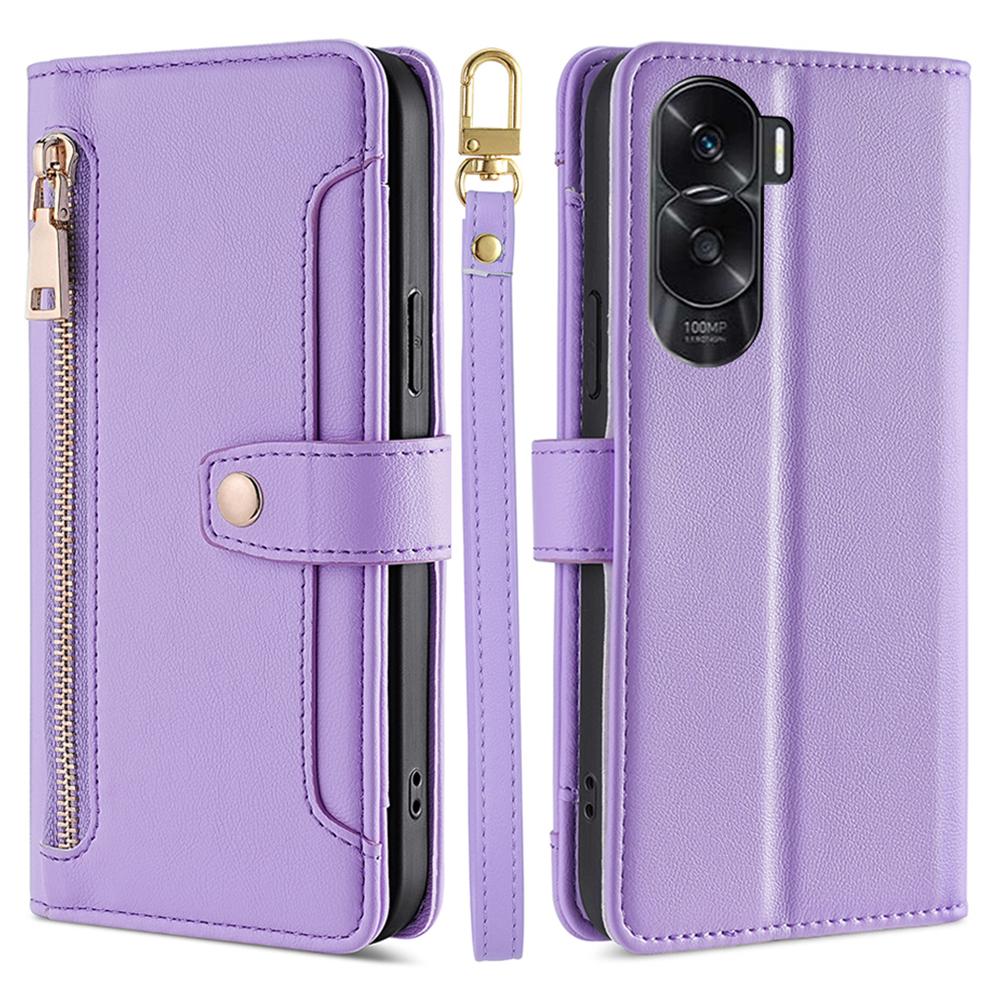 

Leather Phone Cover for Honor X50i 5G/90 Lite 5G Folio Flip Stand Wallet Case with Zipper Pocket Purple