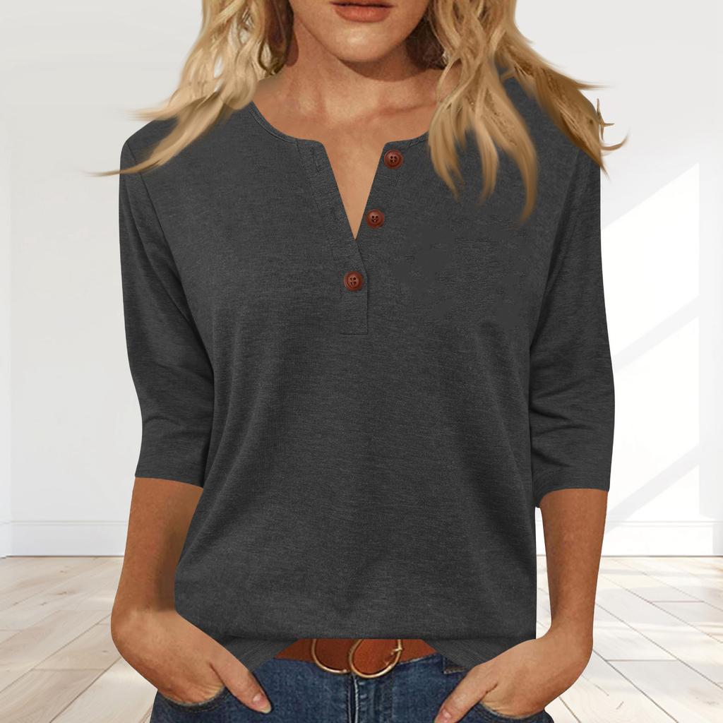 Womens Henley Neck Three Quarter Sleeve T Shirt Lightweight Pullover Casual Loose Fit Top with Button Detail