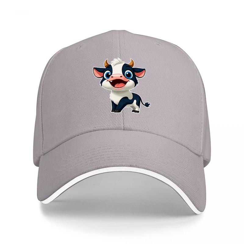 Cute Cow Cartoon Character Baseball Cap Black Adjustable Hat for Adults Fashionable Animal Design Unisex Streetwear Accessory
