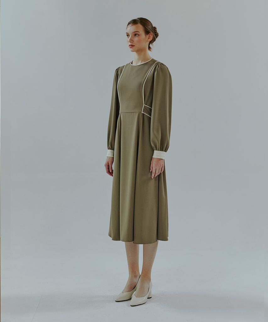 Etmont Combination Color Piping Dress Khaki Brown