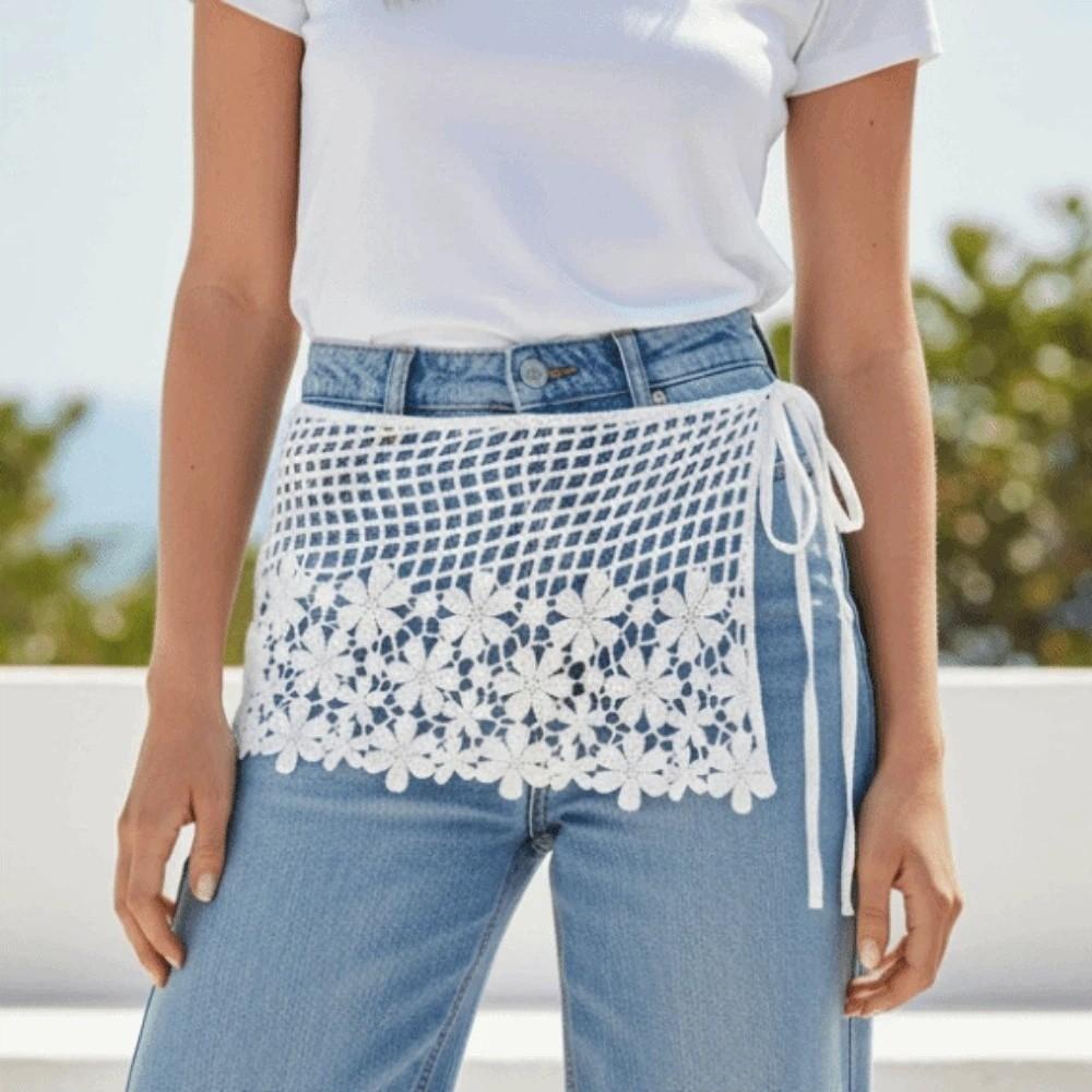 Vintage Crochet Flower Butt Curtain Embroidered Waistband Shoulders Fake Collar Women