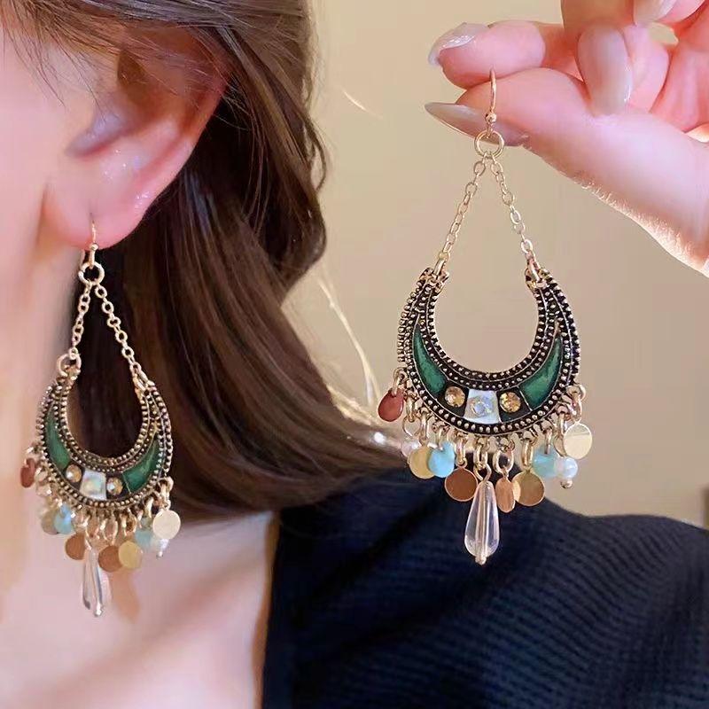 Exotic Style ~ Retro Bohemian Tibetan Earrings for Women's Light Luxury High-end Earrings Unique and Exaggerated Ear Hooks