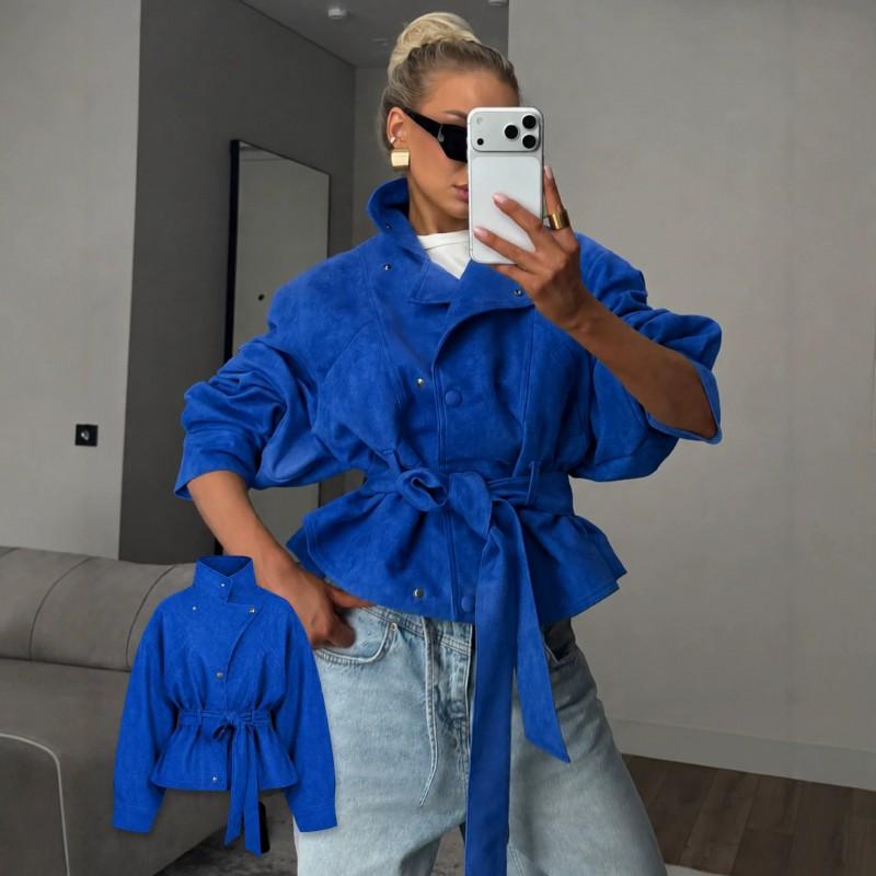 Casaco Curto Trench Coat Elegante Feminino 2026 Gola Alta Cintura Marcada Ajustada Petite