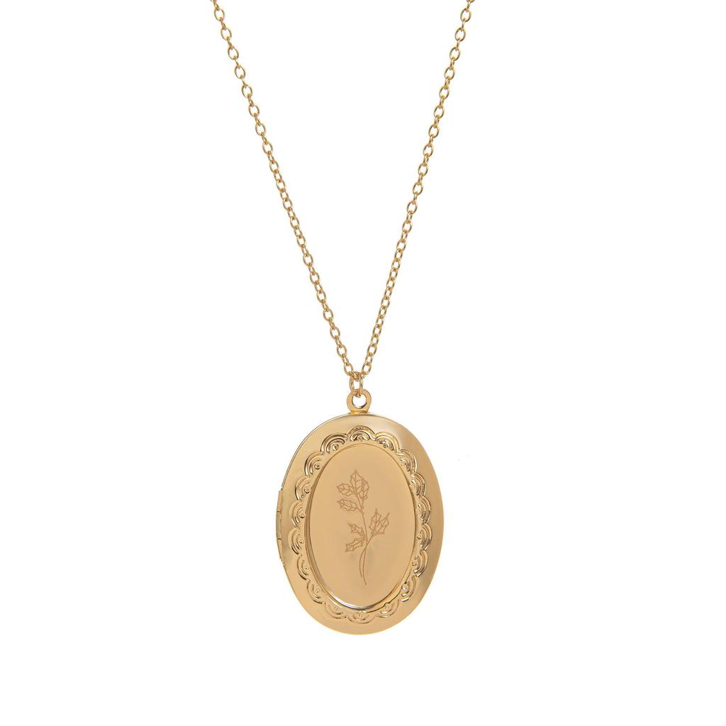December Birth Flower Oval Necklace with Engravable Pendant and Photo Album Clavicle Chain