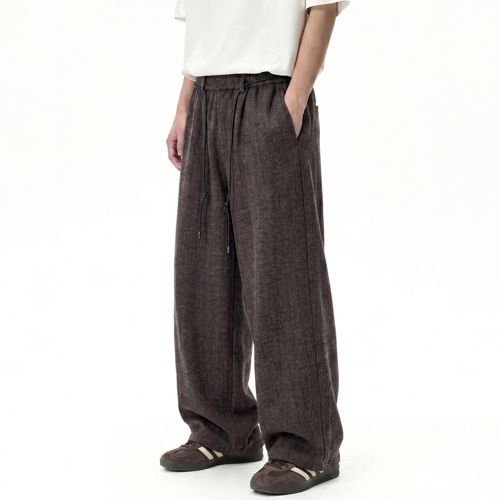 American retro texture pleated casual pants men's autumn and winter heavy loose straight pants structure split scimitar trousers