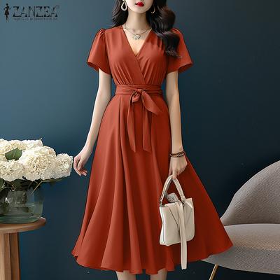Women Casual V-neck Solid Color Summer Short Sleeve Dress