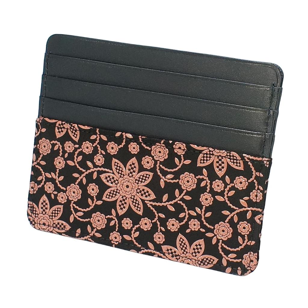 Indenya Slim Card Case, Thin, Deerskin Leather with Black and Pink Lacquer, Clematis Pattern, 2530-51-169