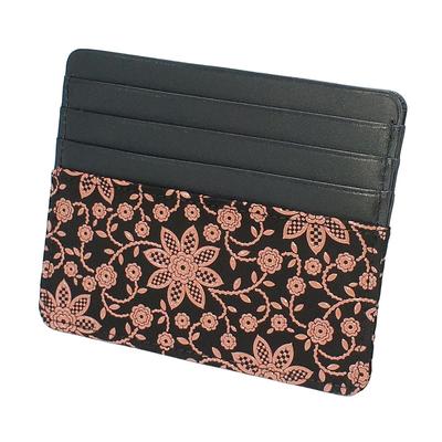 Indenya Slim Card Case, Thin, Deerskin Leather with Black and Pink Lacquer, Clematis Pattern, 2530-51-169