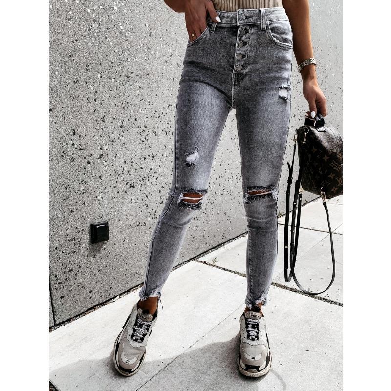 

Wish women s jeans slim and thin ripped trousers women high elastic and thin S серый