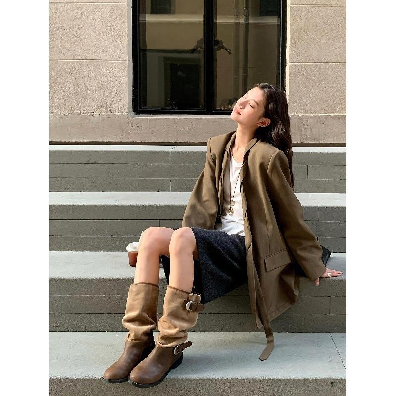 Cowhide version buckle locomotive boots long boots women's thick heel round head splicing western boots pleated stacking boots knight boots