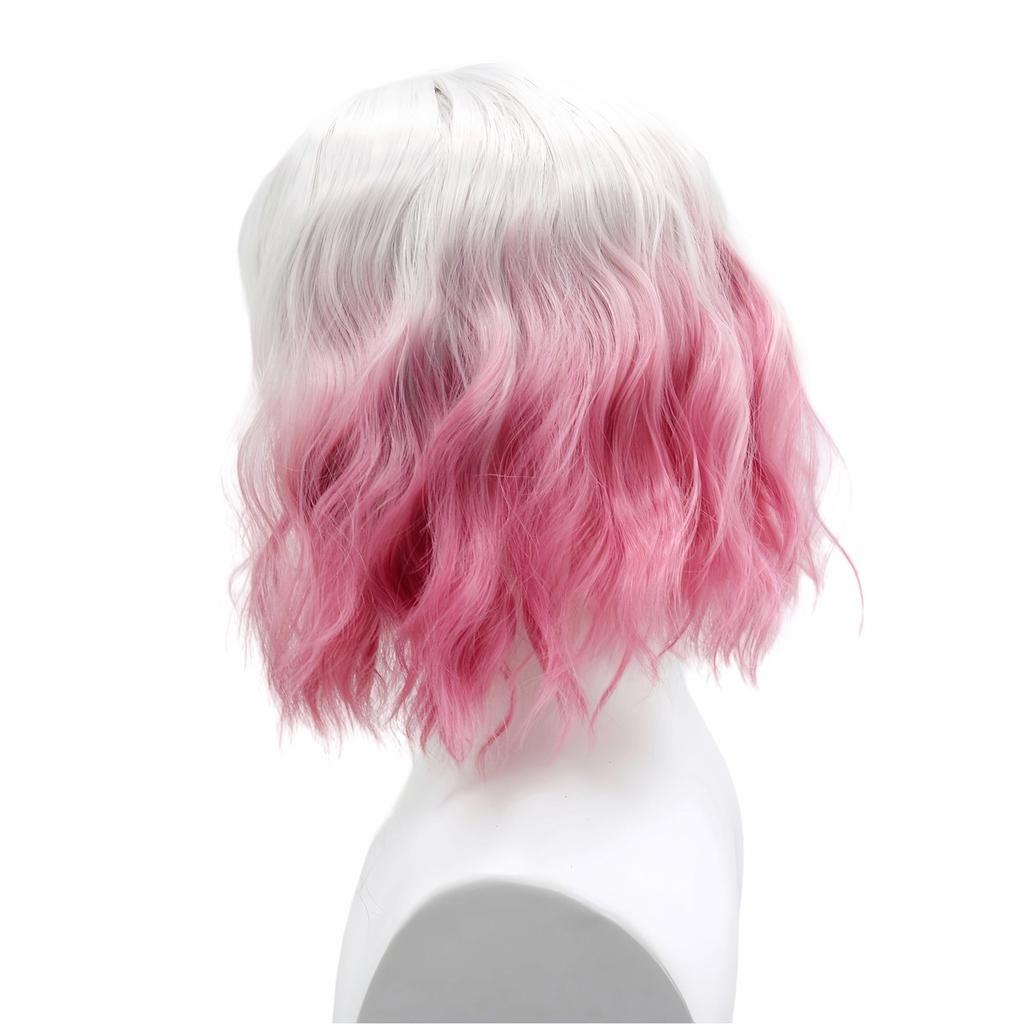 Fantasy White Gray Pink Gradient Air Bangs Chemical Fiber Synthetic Wig | Short Wave Curly Hair |sweet Cool Girl Youth Style Wig