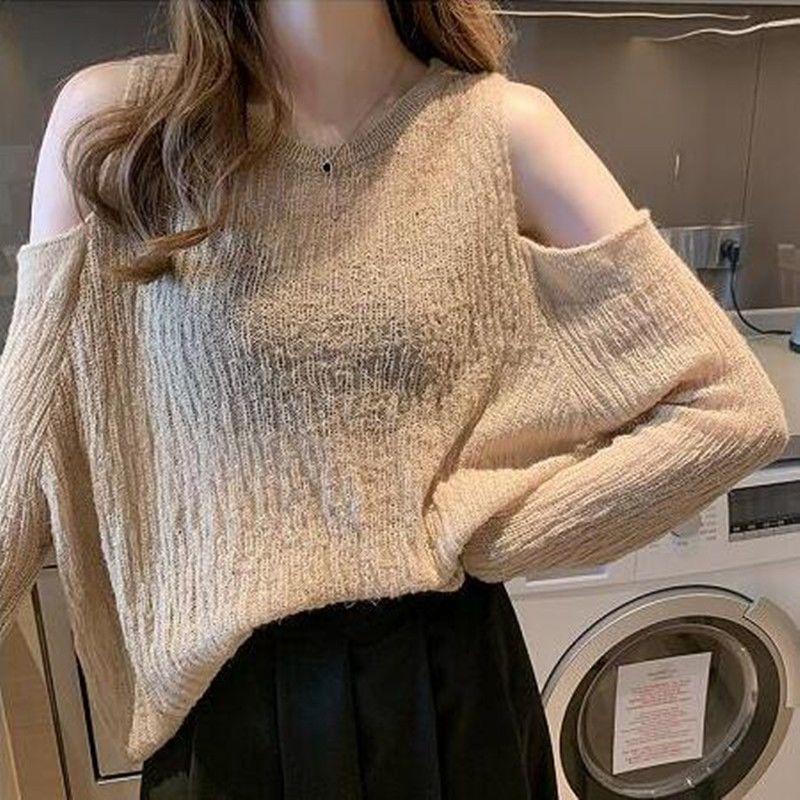 Off-the-shoulder Knitwear Loose Round Neck Pullover Long Sleeve Thin Hollow Out Top Spring Autumn Lazy Style