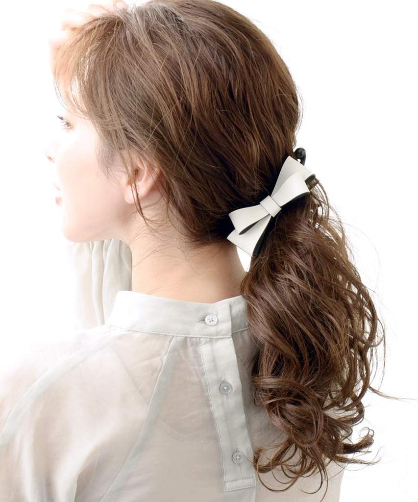 VINGTAINE Faux Leather Double Ribbon Banana Clip Basic Simple Adult Casual [Vantaine] H7377-WH-