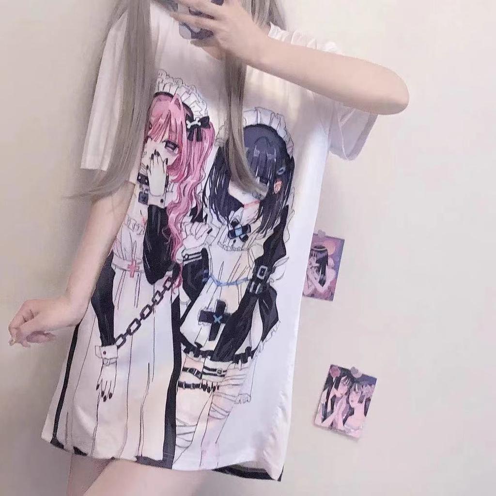 TrendHub Y2k Aesthetic Cute Cartoon Print Round Neck Short-sleeved T-shirt Women Casual Loose Top Japanese Kawaii Tees