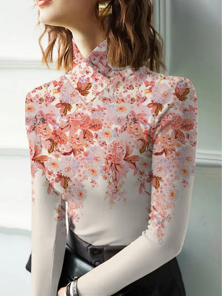 Women's Cheongsam Collar Long-sleeved T-shirt, Suitable for Women, Regular Version, Suitable for All Seasons
