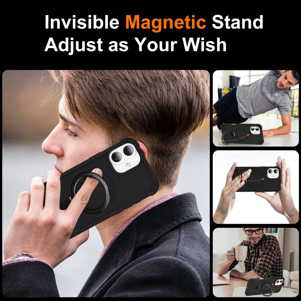 For iPhone 16 Case Compatible with MagSafe Kickstand TPU+PC Shockproof Phone Back Cover