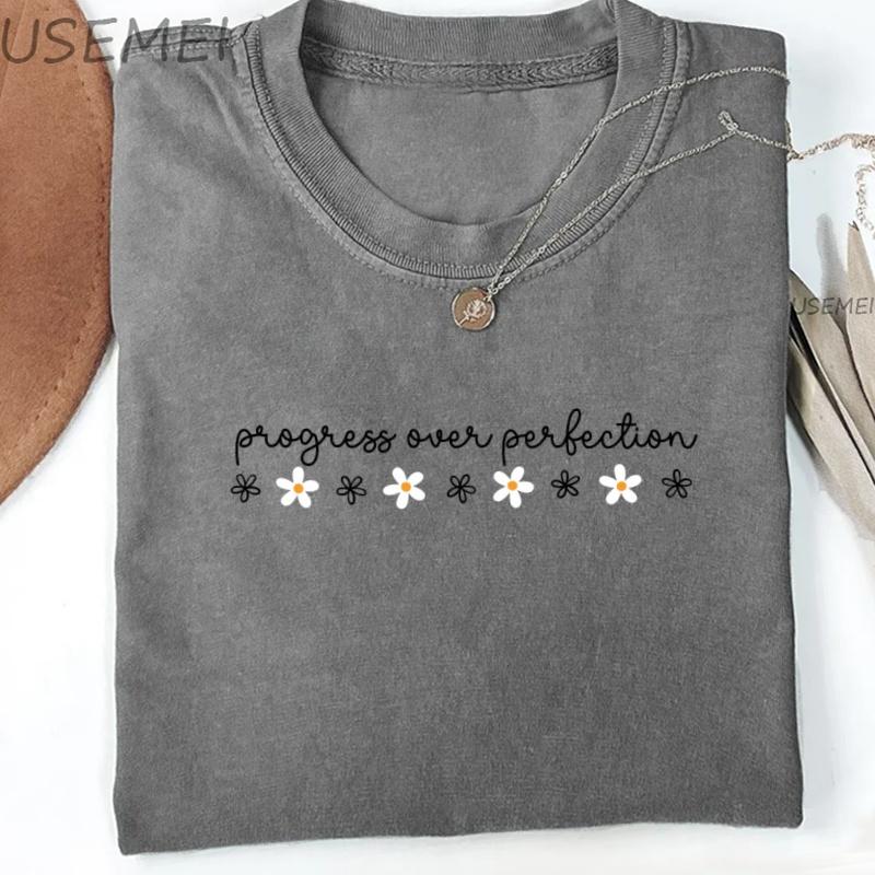 Progress Over Perfection T Shirt Inspirational Teacher TShirt Woman Funny T Shirts Graphic Tee Ladies Clothes Washed Clothes S