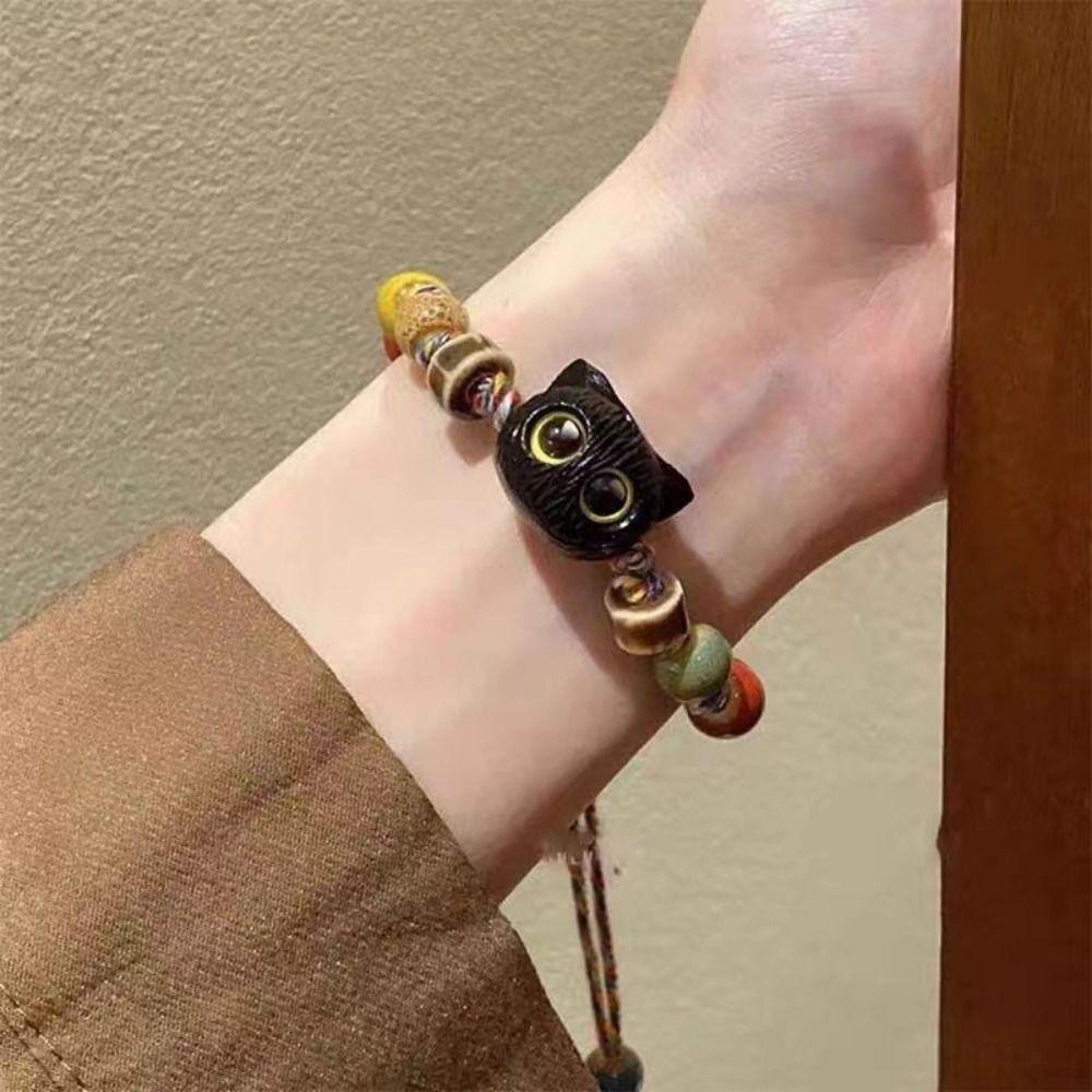Skull Cat Handmade Bead Bracelet Ceramics Bead Cartoon Hand Ring Vintage Black Cat Bracelet  Women
