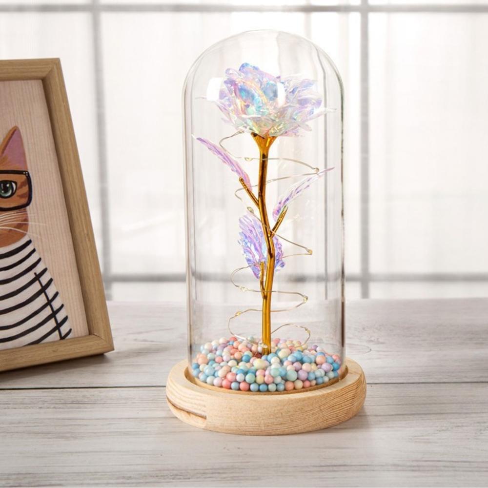 LED eternal pink rose glowing in glass, batteries, proposal, wedding, name day