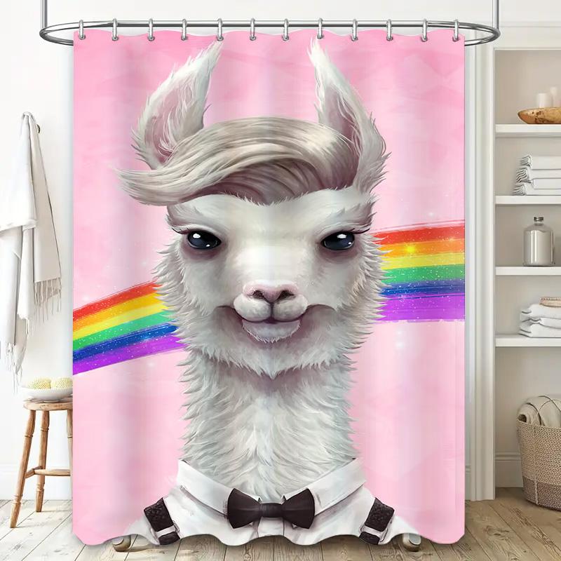 Rainbow Llama Shower Curtain Pink Background With White Furry Character Costume Shirt Bow Tie Design For Bathroom Decorations