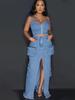 Stylish Denim Suit with Exposed Navel Zipper Top & Multi-Pocket Split Long Skirt
