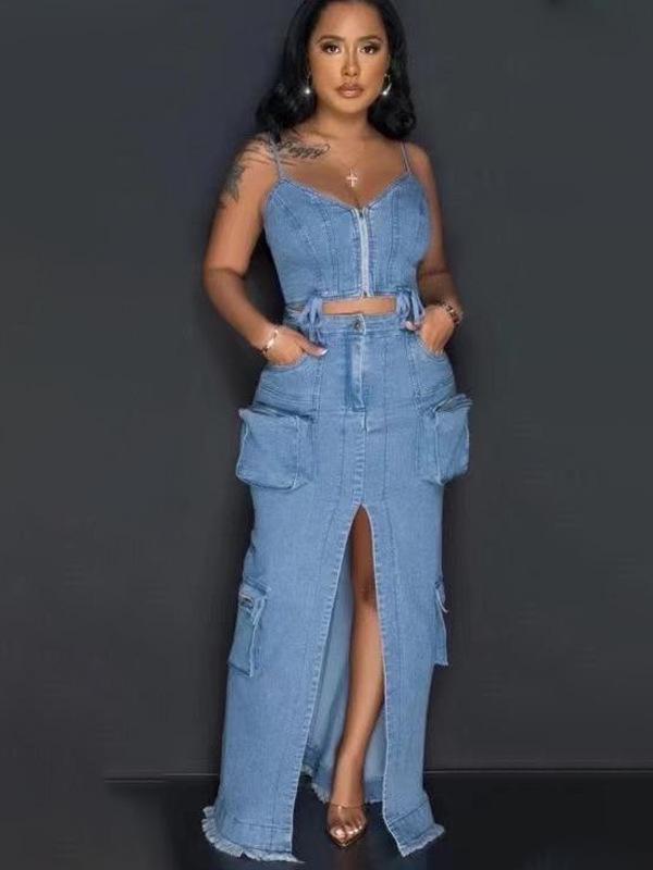 Stylish Denim Suit with Exposed Navel Zipper Top & Multi-Pocket Split Long Skirt