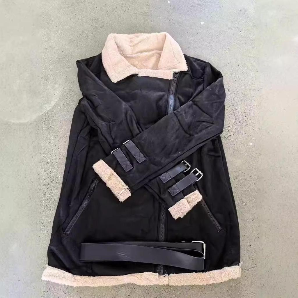 Damen Motorradjacke aus Hirschleder und Lammwolle - Umlegekragen, Baumwollwattiert, Mit Fell gefüttert, Grau/Schwarz/Ziegelrot