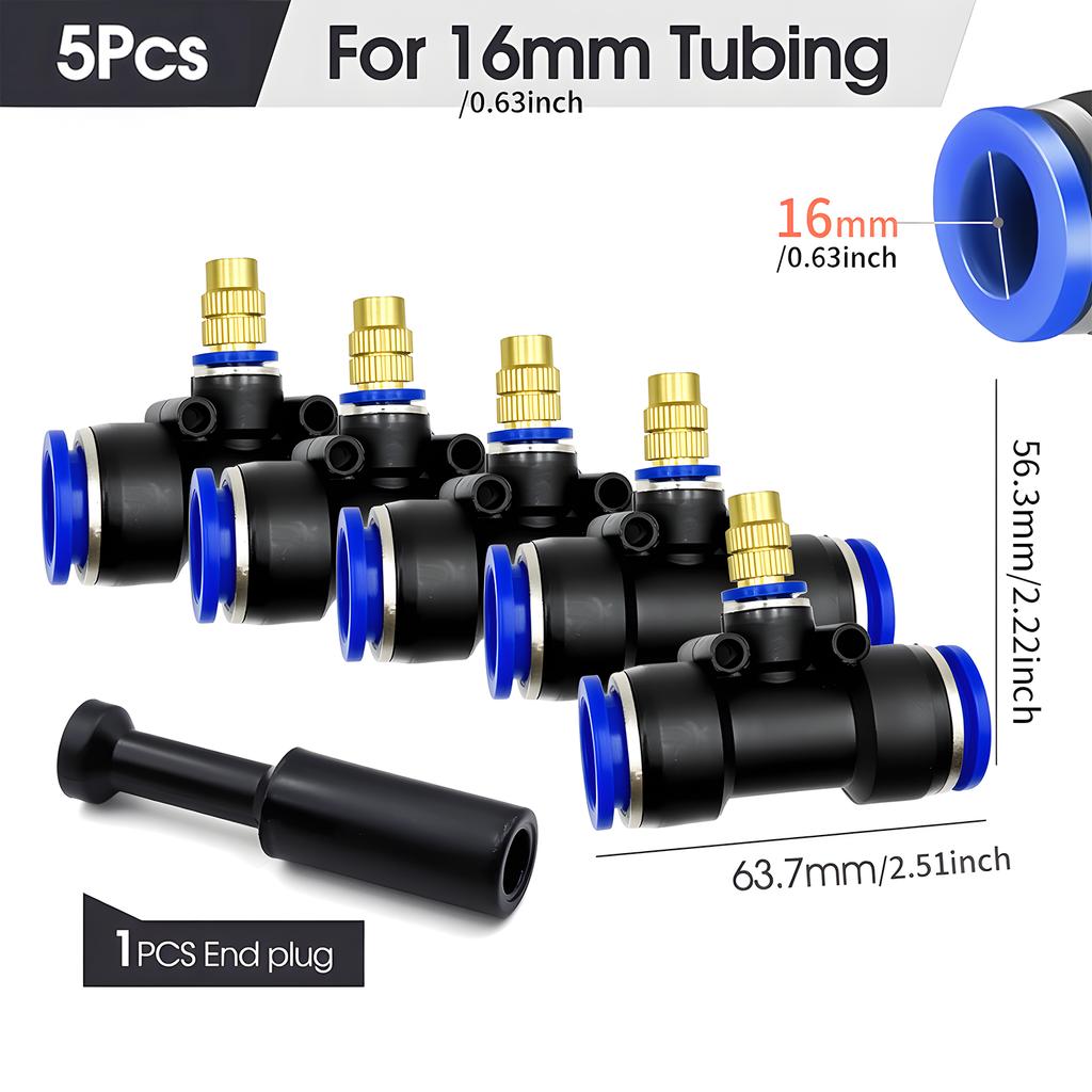 Brass Misting Nozzle with Tee Adapter Adjustable Atomizer Sprayer Outdoor Garden Irrigation Watering 6/8/10/12/14/16mm PE Tubing