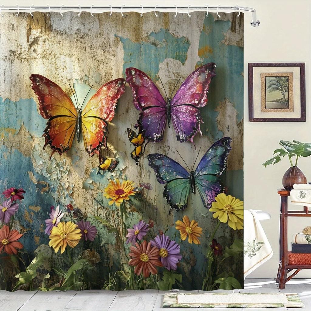 Waterproof 12 Hooks Machine Washable Colorful Butterfly Pattern One Piece Shower Curtain Suitable for Room Home Hotel Bathroom