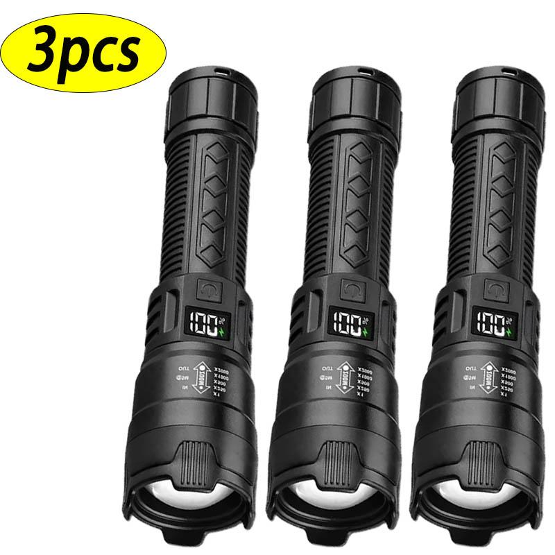 2000LM High Strong Power LED Flashlight USB Charging Tactical Torch with Display Light Camping Fishing Emergency Zoom Lantern