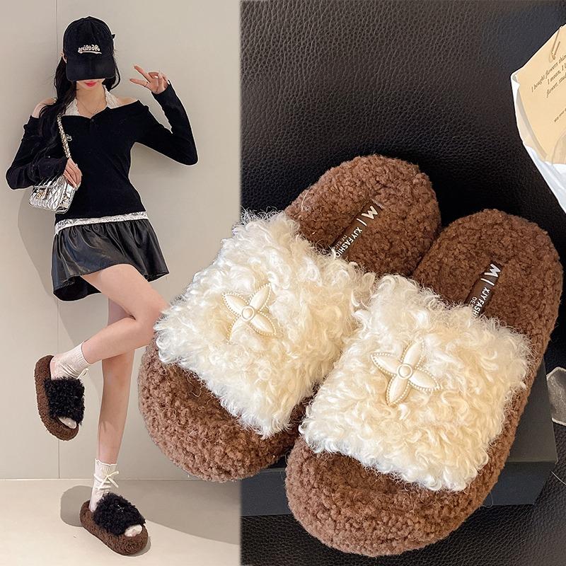 Fashion Curly Wool Slippers Women Lambs Fur Shoes Thicken Soled Platform Slides Ladies Woolen Pantufa Shearling Loafers Furry Shoes