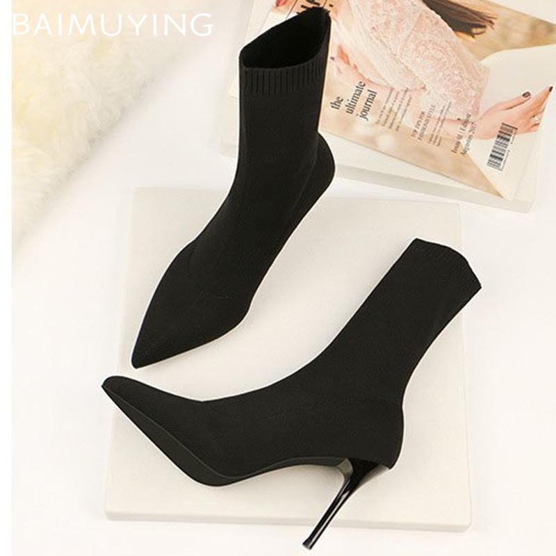 Knitting Women Ankle Boots Pointed Toe Fashion Sexy High Heels Shoes 2024 Trend Winter Pumps Sock Boots Elegant Botas De Mujer