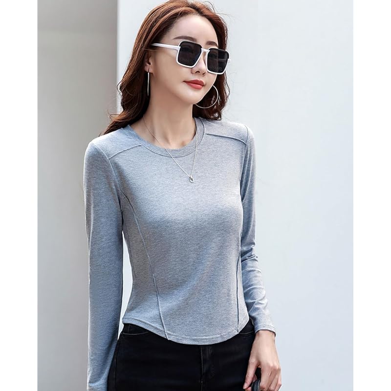 [OKJCON] ladies t-shirt long sleeve spring Plain color casual Fashionable large size (JP, alphabet, L, gray)